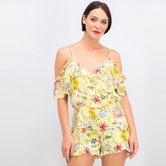 Parker ringly cold shoulder floral silk yellow romper - Picture 2 of 11